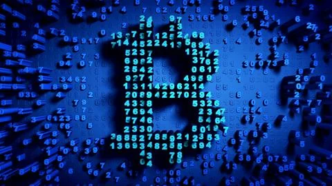 Abstract numbers Random motion in the form of coins bitcoin Illustrazione stock