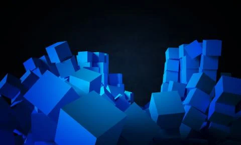 Abstract objects as falling cubes on the dark background. Illustrazione stock