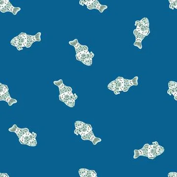Abstract ocean aqua seamless pattern with doodle clown fish ornament. Navy bl Stock Illustration
