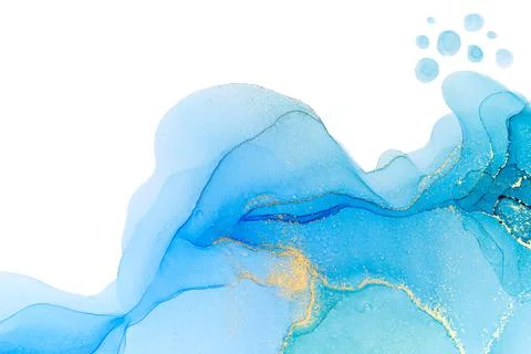 Abstract ocean wave foam print. Watercolor blue texture with gold glitter. Stock Illustration