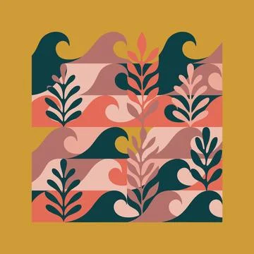 Abstract Ocean Waves and Botanical Foliage Pattern in Earthy Tones. Stock Illustration