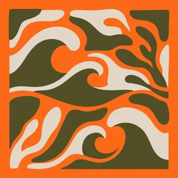 Abstract Ocean Waves Pattern in Retro Orange, Olive Green, and Cream Colors. Stock Illustration