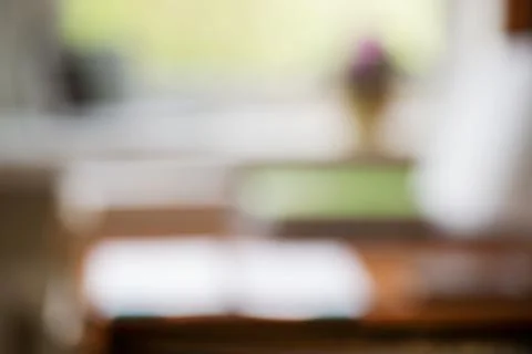 Abstract office desk table with computer, supplies, flower blur background Stock Photos