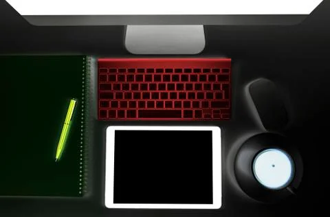 Abstract office workplace. Office table with tablet computer and smartphone. Stock Photos