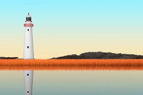 Abstract Old Lighthouse Standing in Long Grass on a River Bank. 3d Rendering Stock Illustration