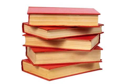 Abstract old red books stack isolated on white background, close-up Foto stock