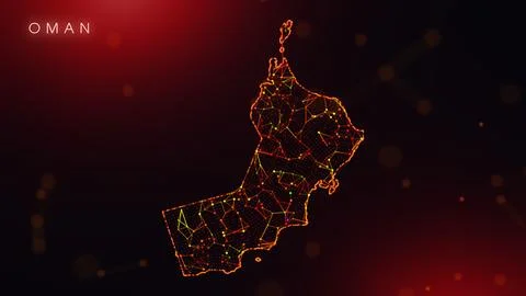 Abstract Oman Map Digital Network Background With Red And Orange Plexus Dots Illustrazione stock