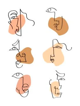 Abstract one line continuous drawing nine faces. Minimalism art, aesthetic Stock Illustration