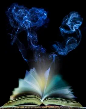 Abstract of  open book page with moving smoke on black background use for edu Stock Illustration