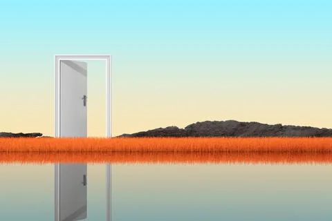 Abstract Opened White Door Standing in Autumn Long Grass on a River Bank. 3d  Ilustración de archivo