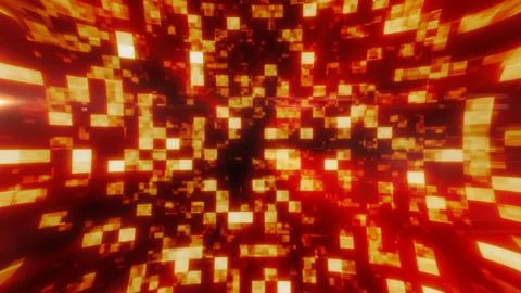 Abstract orange and red neon pixel tunnel with glowing digital blocks, moti.. Stock Illustration