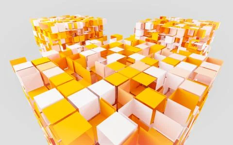 Abstract orange and white cubes dissolving 3d render Illustrazione stock