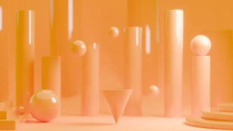 Abstract orange background with floating spheres and geometric columns Stock Photos