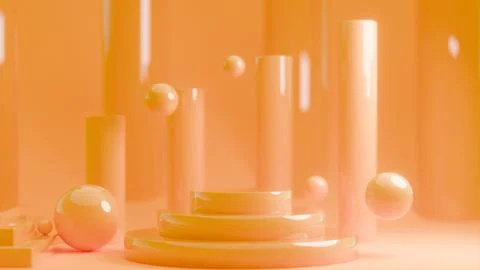 Abstract orange background with floating spheres and geometric columns Stock Photos