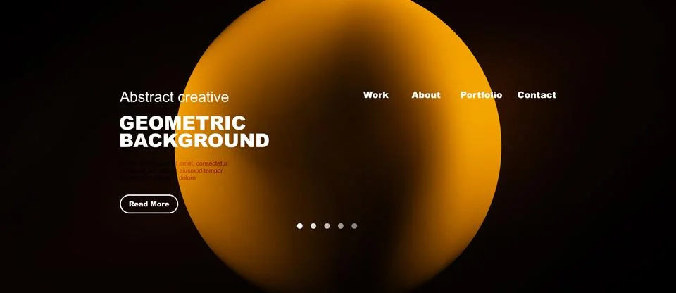 Abstract orange circle dominates dark background. Website navigation present. Stock Illustration