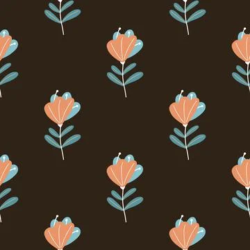 Abstract orange colored scribble flower silhouettes seamless pattern. Black b Illustrazione stock