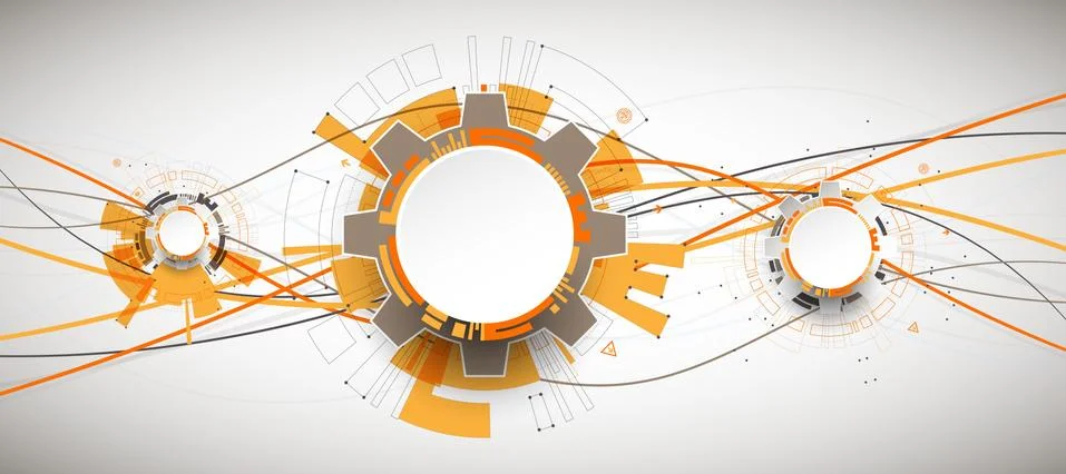 Abstract orange colored technological background with various technological e Stock Illustration