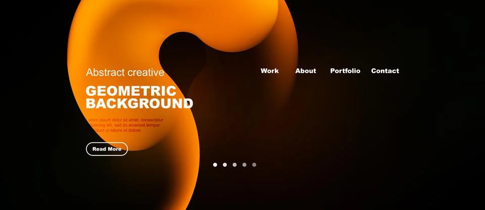 Abstract orange design dominates dark background. Text elements present websi Illustrazione stock