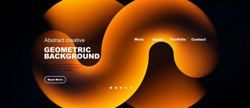 Abstract orange design. Website header with text, navigation, button. Dark Illustrazione stock