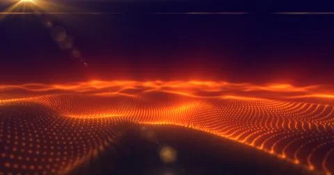 Abstract orange energy surface with magic waves of particles and points wit.. Illustrazione stock