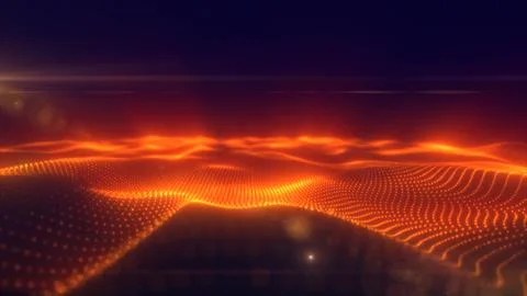 Abstract orange energy surface with magic waves of particles and points with  Stockillustratie