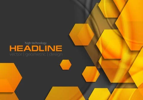 Abstract orange glossy shiny tech background with hexagons Illustrazione stock