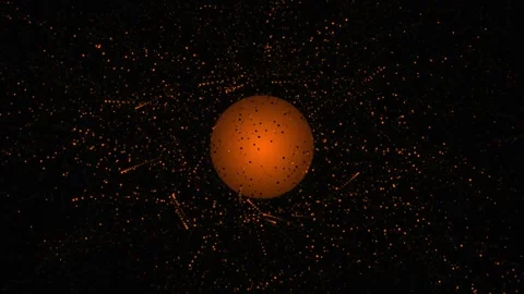 Abstract orange glowing sphere surrounded by radiating light particles in d.. Stock Footage 341812497