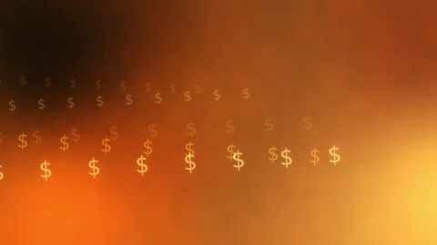 Abstract orange golden gradient background with rows of glowing dollar symbols Stock Footage 341857124