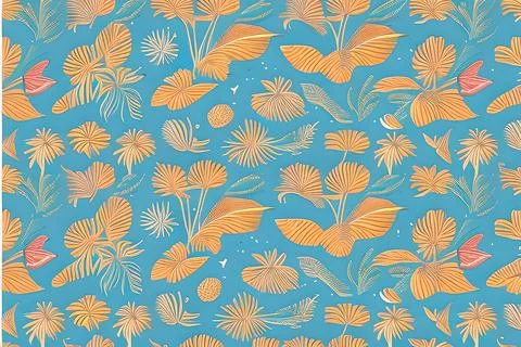 Abstract orange leaves seamless pattern on blue background. Leaf clip textu.. Illustrazione stock
