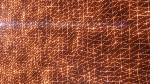 Abstract orange neon mesh with glowing triangular wireframe grid and light re Illustrazione stock