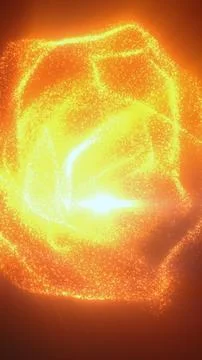 Abstract orange particle cube with glowing edges and radiant core, floating.. Stock Illustration