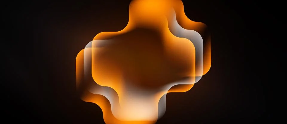 Abstract orange shape resembling plus sign. Layers create depth, glow effect  Stock Illustration