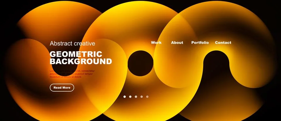 Abstract orange shapes overlap black background. Text includes work, about, 스톡 일러스트