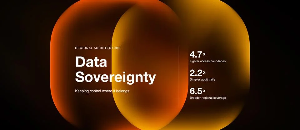 Abstract orange shapes present data sovereignty concept. Numbers highlight 스톡 일러스트