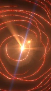 Abstract orange spiral light trails with glowing dotted curves, bright lens.. Illustrazione stock