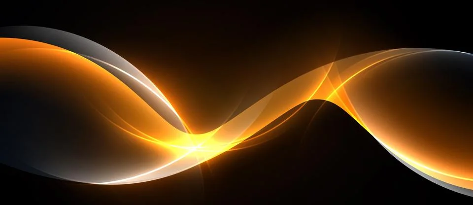 Abstract orange waves flow across black background. Bright light emanates fro Illustrazione stock