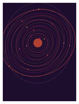 Abstract orbital system with planets and concentric circles in warm colors. Stock Illustration
