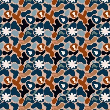Abstract Organic Pattern with Dynamic Blue, Brown, Black, and Floral Accents Stock Illustration