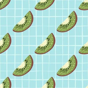 Abstract organic seamless pattern with doodle fresh kiwi slices. Blue backgro Stock Illustration