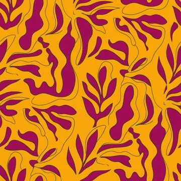 Abstract Organic Shape and Leaf Pattern in Vibrant Yellow and Purple. Illustrazione stock