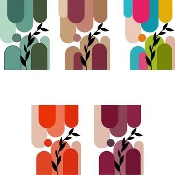Abstract organic shapes with botanical elements and muted color palettes Illustrazione stock