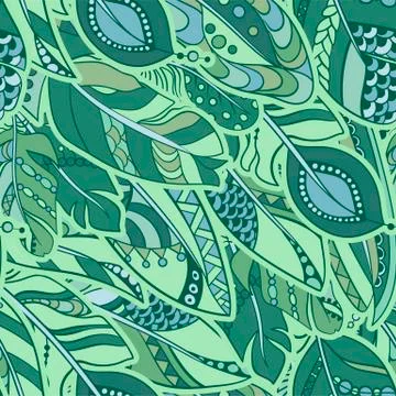Abstract ornament feather seamless pattern in tribal style with marine green Stock Illustration