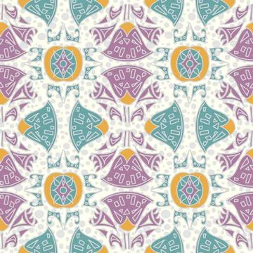 Abstract Ornate Shapes Seamless Pattern In Purple And Jade Green Stock Illustration