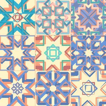 Abstract ornate tiles background vector set. Vintage floor tiles in portuguese Stock Illustration