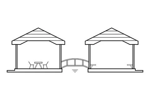 Abstract outline drawing, two connected houses with wood bridge vector illust Stock Illustration