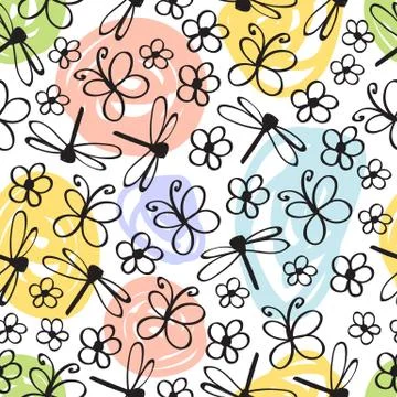 Abstract outline insect seamless pattern background. Doodle bright spring tex Stock Illustration