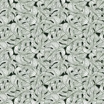 Abstract outline random seamless pattern with contoured monstera leaves print Stock Illustration