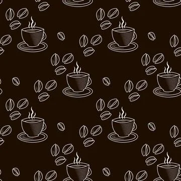 Abstract outline seamless pattern with cup of coffee and coffee beans Illustrazione stock