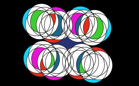 Abstract Overlapping Colorful Circles Pattern on Black Background 스톡 일러스트