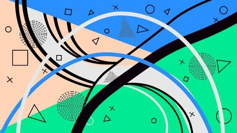 Abstract overlapping curves and geometric shapes in bright colors with abstra Stock Illustration